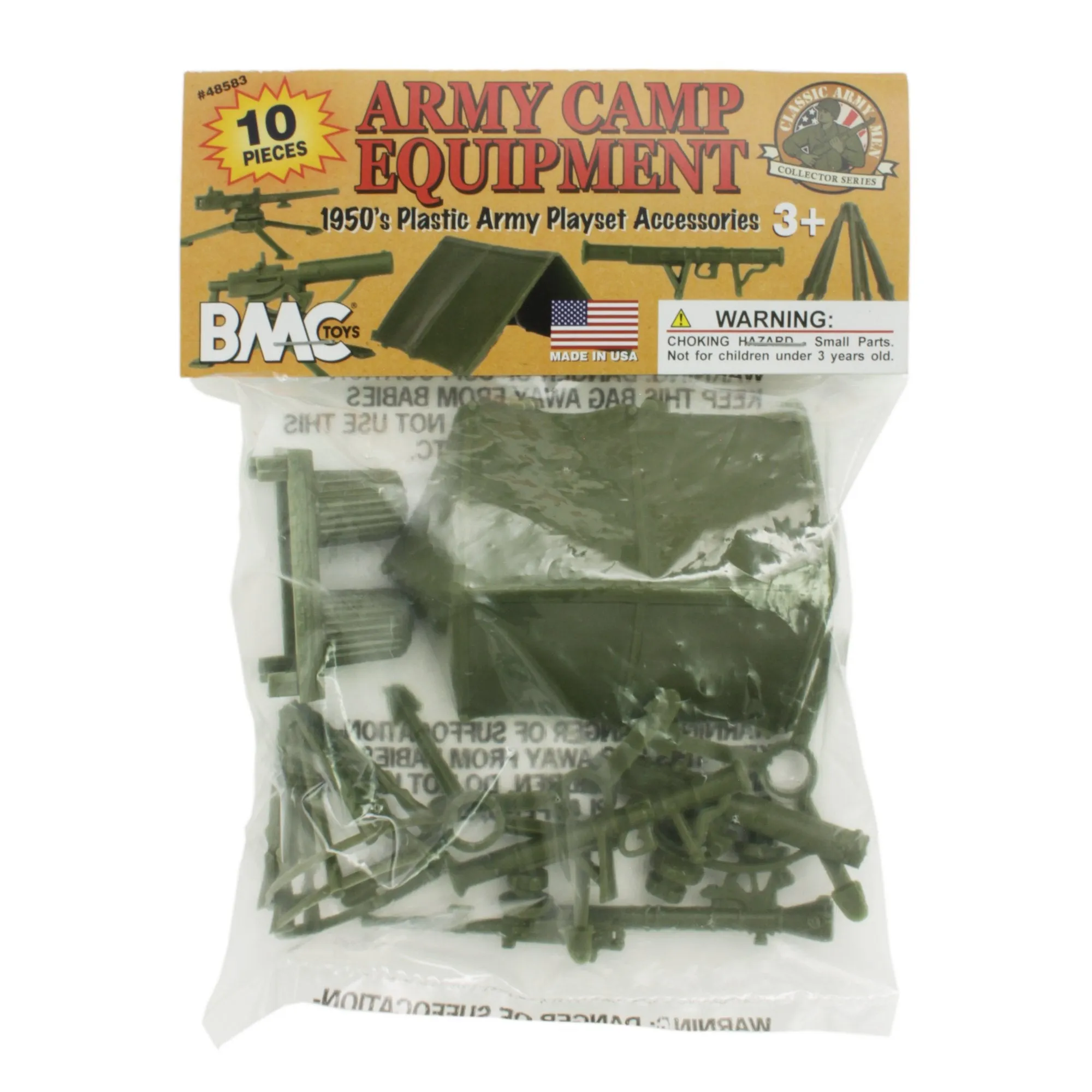 BMC Classic PLASTIC ARMY MEN CAMP EQUIPMENT - 10pc Tents and Guns - Made in USA