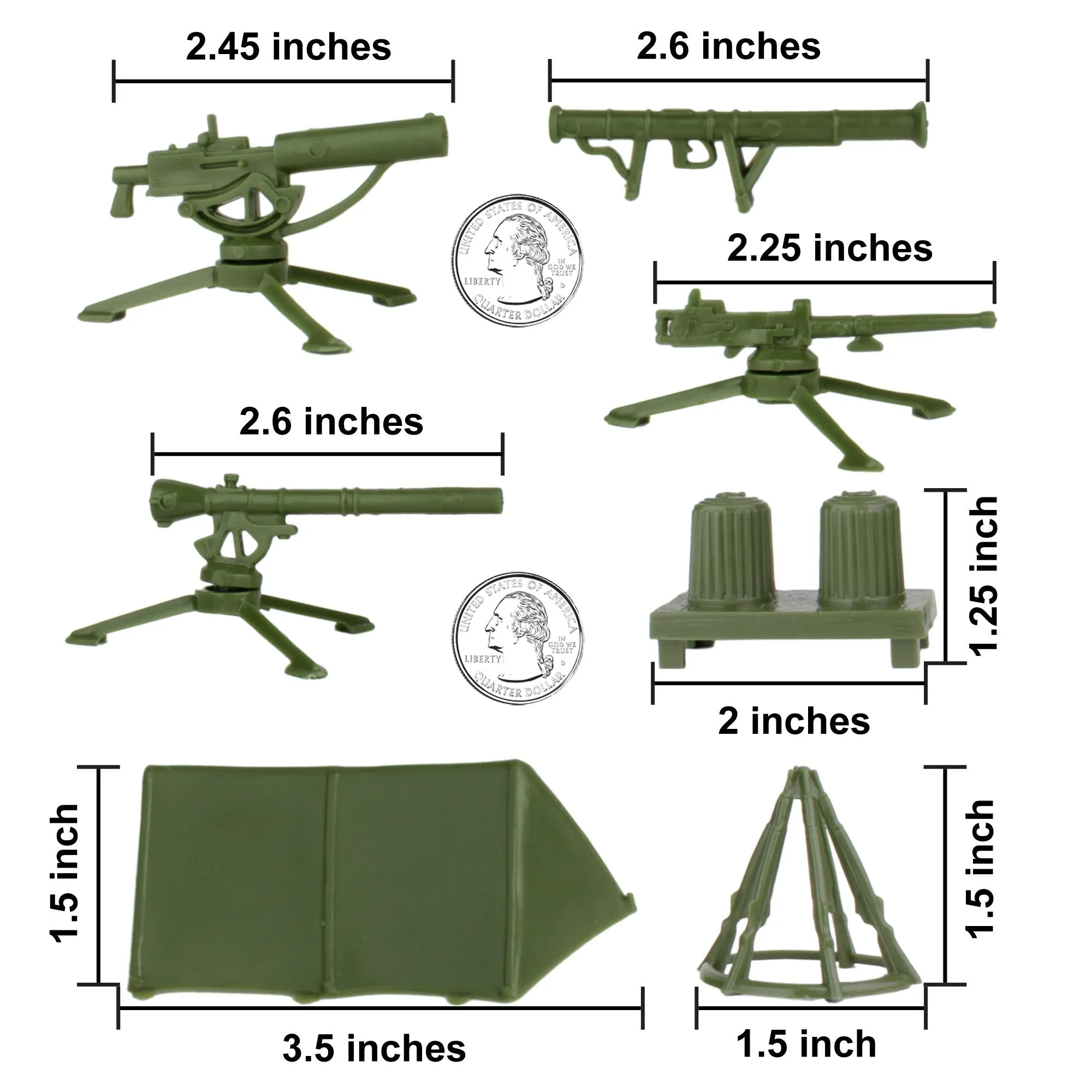 BMC Classic PLASTIC ARMY MEN CAMP EQUIPMENT - 10pc Tents and Guns - Made in USA