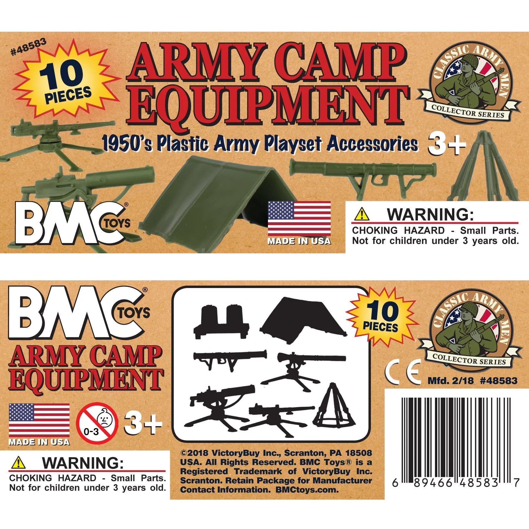 BMC Classic PLASTIC ARMY MEN CAMP EQUIPMENT - 10pc Tents and Guns - Made in USA