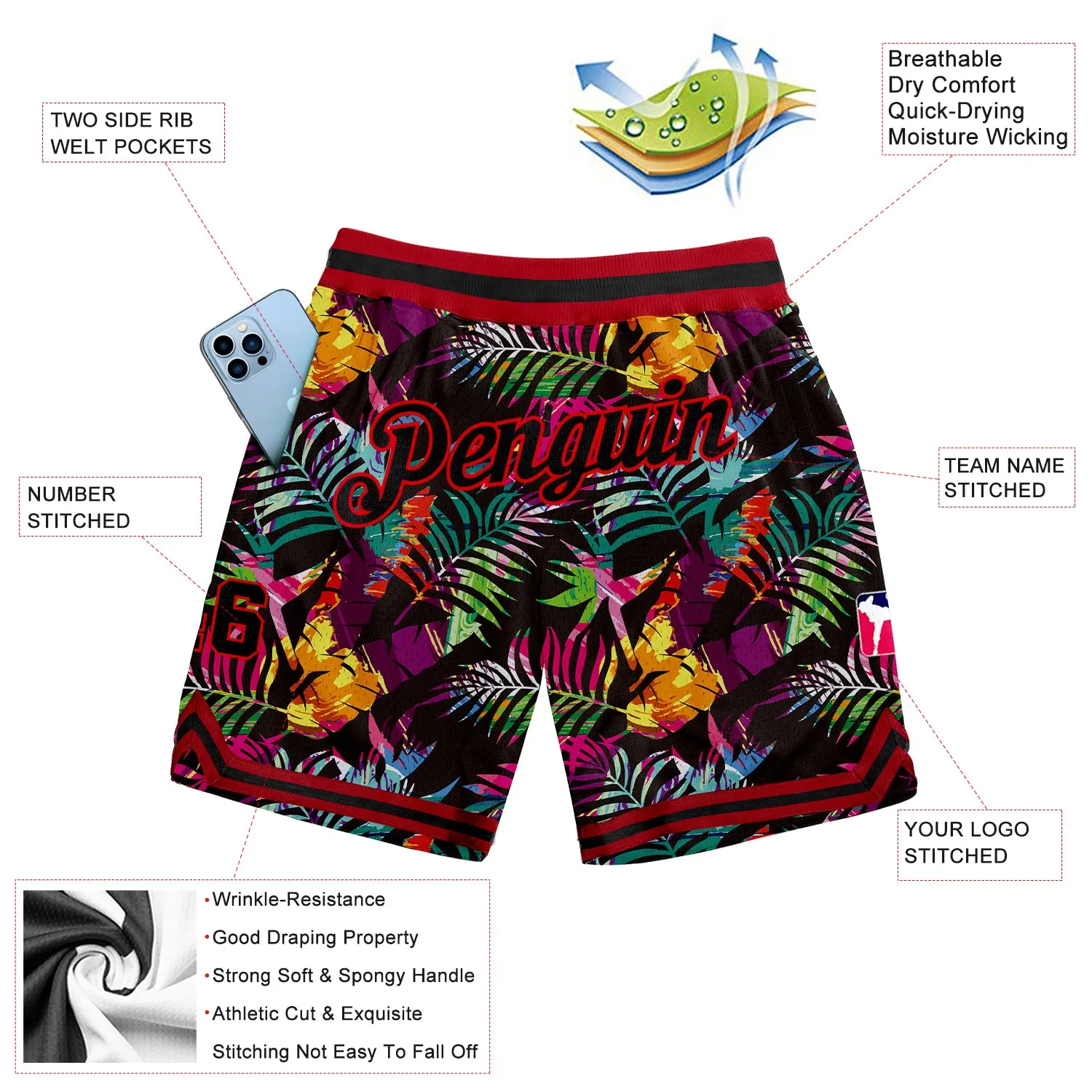 Custom Black Black-Red 3D Pattern Design Tropical Palm Leaves Authentic Basketball Shorts