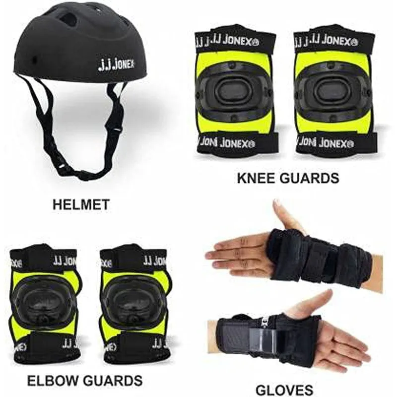 JJ Jonex Gold Adjustable Skates Combo (Helmet   Knee pad   Elbow pad   Gloves   Key   Bag) (MYC) | Large | Green/Black | 11 Years and Above